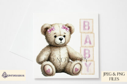 Baby Girl Teddy Bear Design featuring a seated teddy bear next to pink-themed wooden blocks spelling "Baby" and "2025," with and without a bow.