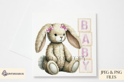 Baby Girl Bunny Design featuring a seated bunny next to pink-themed wooden blocks spelling "Baby" and "2025," with and without a bow.