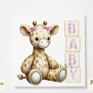 Baby Girl Giraffe Design featuring a seated giraffe next to pink-themed wooden blocks spelling "Baby" and "2025," with and without a bow.