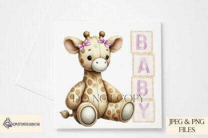 Baby Girl Giraffe Design featuring a seated giraffe next to pink-themed wooden blocks spelling "Baby" and "2025," with and without a bow.