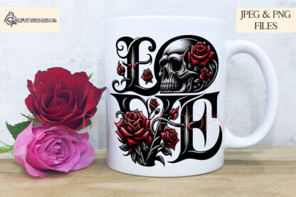 Gothic LOVE Design featuring the word "LOVE" in gothic-style font, with the "O" as a skull surrounded by red roses.