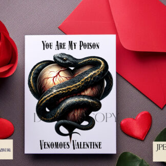 Gothic Love Venomous Valentine Design featuring a black and gold snake coiled around a heart with textless and romantic gothic wordings like "Venomous Valentine."