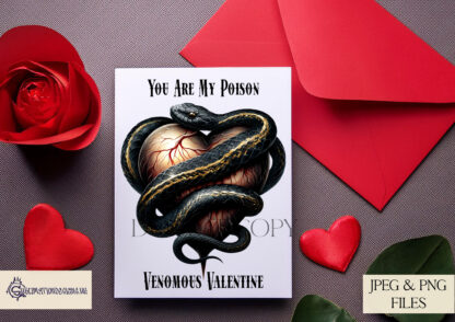 Gothic Love Venomous Valentine Design featuring a black and gold snake coiled around a heart with textless and romantic gothic wordings like "Venomous Valentine."