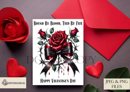 Gothic Love Bounded by Blood Design featuring a gothic rose wrapped in black ribbon with blood drips and romantic gothic wordings.