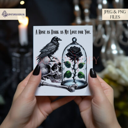 Gothic Eternal Rose Design featuring a black rose in a bell jar with a skull, bone, and raven setup, with textless and dark romantic wordings.