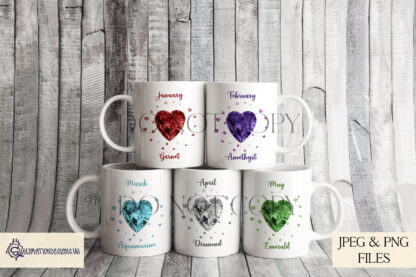 Birthstone Gemstone Designs Set featuring heart-shaped gems with monthly gemstone colours and names, available in JPEG and PNG formats.