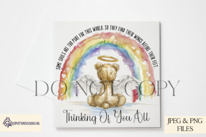 Teddy Bear Rainbow Infant Loss Awareness Design with celestial rainbow and angelic teddy bear. Available in textless and wording options.