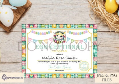 Easter Bunny Certificates featuring customisable designs for kids. Includes JPEG, PNG, and editable PSD files.