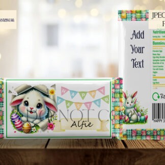 Easter Chocolate Bar Wrappers featuring bunnies with customisable banners and message areas. Available in JPEG and PNG formats.