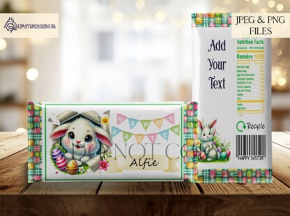 Easter Chocolate Bar Wrappers featuring bunnies with customisable banners and message areas. Available in JPEG and PNG formats.