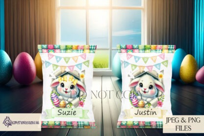 Easter Crisp Packet Wrappers featuring bunnies with customisable banners and message areas. Includes a how-to guide.