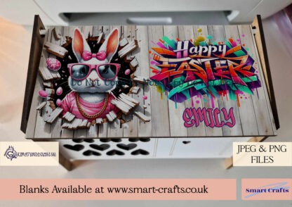 Exclusive Easter Rabbit Hutch Panel Designs featuring bunnies bursting through wooden tops with "Happy Easter" banners, perfect for crafting personalised gifts.