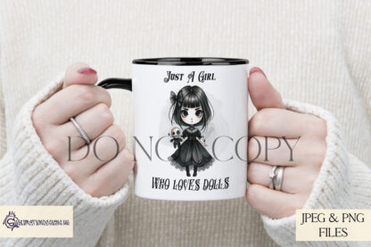 Cute Comedy Gothic Design Set featuring a gothic girl with a voodoo doll in textless and worded designs.