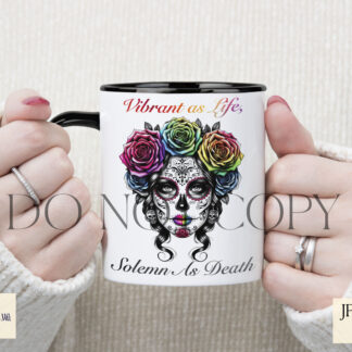 Elegant Floral Day of the Dead designs featuring female figures adorned with flowers, available in vibrant colours and with meaningful quotes.