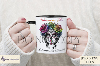 Elegant Floral Day of the Dead designs featuring female figures adorned with flowers, available in vibrant colours and with meaningful quotes.