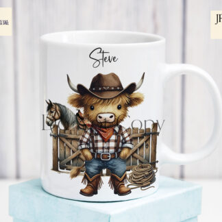 Highland Cow Cowboys and Cowgirls designs featuring ranch scenes with horses, available in textless and worded options like "Buckle Up Cowboy" and "Buckle Up Cowgirl."