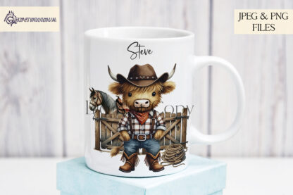 Highland Cow Cowboys and Cowgirls designs featuring ranch scenes with horses, available in textless and worded options like "Buckle Up Cowboy" and "Buckle Up Cowgirl."