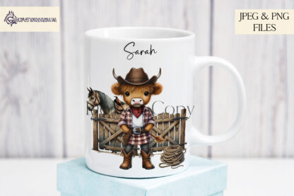 Highland Cow Cowboys and Cowgirls designs featuring ranch scenes with horses, available in textless and worded options like "Buckle Up Cowboy" and "Buckle Up Cowgirl."