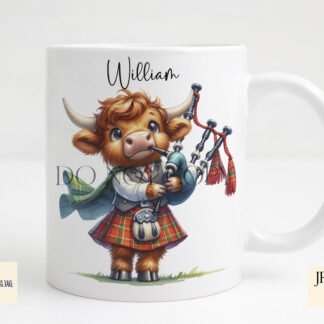 Scottish Highland cows playing bagpipes with a castle backdrop, available as JPEG and PNG designs for sublimation and crafting.