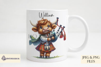 Scottish Highland cows playing bagpipes with a castle backdrop, available as JPEG and PNG designs for sublimation and crafting.