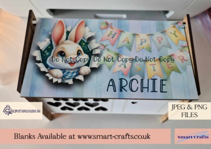 Smart Crafts Easter Rabbit Hutch Designs featuring bunnies bursting through wooden tops with "Happy Easter" banners, perfect for custom crafting.