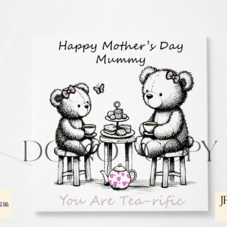 Mother and Daughter Teddy Bear Tea Design featuring a black sketch illustration with colourful accents on a teapot, cakes, and butterfly.