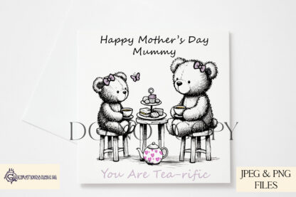 Mother and Daughter Teddy Bear Tea Design featuring a black sketch illustration with colourful accents on a teapot, cakes, and butterfly.