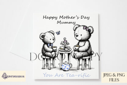 Mother and Son Teddy Bear Tea Design featuring a black sketch illustration with colourful accents on a teapot, cakes, and butterfly.