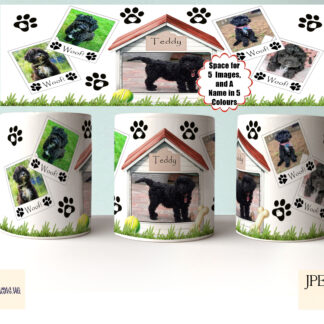 Dog Photo Kennel Mug Wrap Design Set featuring a kennel with customisable name and photo spaces, available in five colours for sublimation projects.