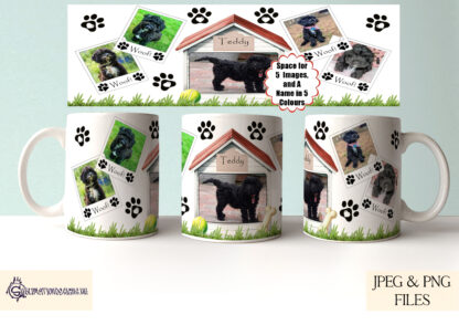 Dog Photo Kennel Mug Wrap Design Set featuring a kennel with customisable name and photo spaces, available in five colours for sublimation projects.