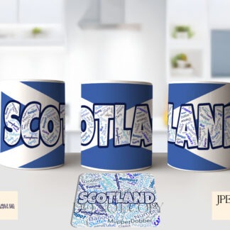 Scottish Insult Word Art Design Set with mug wraps and coasters featuring Scottish slang like "Walloper," "Jobbie," and "Bawbag."