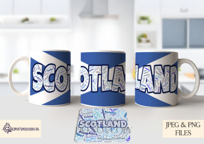 Scottish Insult Word Art Design Set with mug wraps and coasters featuring Scottish slang like "Walloper," "Jobbie," and "Bawbag."