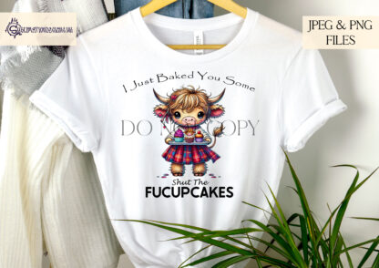 Comedy Highland Cow Cupcake Design Set featuring a male and female Highland cow holding trays of cupcakes with humorous phrases.