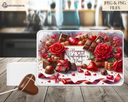 Chocolate & Roses Valentine’s Design Set featuring a mug wrap and 3 sublimation tin designs with romantic themes.