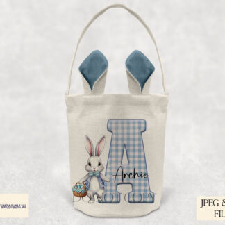 Cute Gingham Pattern Easter Alphabet Set – Blue Edition featuring a boy bunny in blue gingham fabric paired with alphabet letters for Easter crafting projects