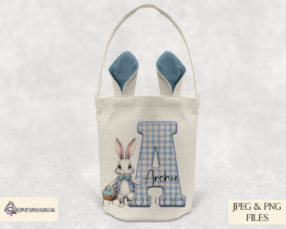 Cute Gingham Pattern Easter Alphabet Set – Blue Edition featuring a boy bunny in blue gingham fabric paired with alphabet letters for Easter crafting projects