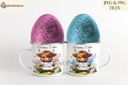 Easter Cute Highland Cow Design Set featuring a Highland cow holding a wooden sign with Easter greetings in pink and blue colour themes.