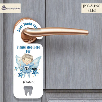 Tooth Fairy Gift Set featuring boy and girl designs, door hanger templates, matching bags, and Tooth Fairy receipts. Ideal for keepsakes and personalised gifts.