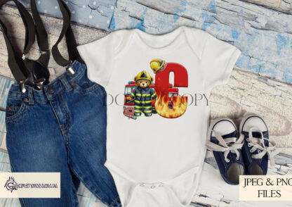 Firefighter Teddy Bear Alphabet Design Set featuring 26 A-Z letters with flame designs, a fire engine, firefighter bear, and hose. Perfect for kids’ apparel and gifts.