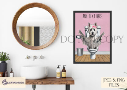 Toilet Humour Dogs – West Highland Terrier Edition featuring a Westie sitting on a toilet with newspaper, with white, blue, and pink textured backgrounds.