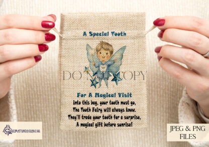 Tooth Fairy Gift Set featuring boy and girl designs, door hanger templates, matching bags, and Tooth Fairy receipts. Ideal for keepsakes and personalised gifts.