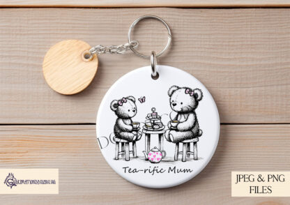 Mother and Daughter Teddy Bear Tea Design featuring a black sketch illustration with colourful accents on a teapot, cakes, and butterfly.