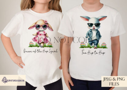 Sassy Easter Bunny Design Set featuring boy and girl bunnies in sunglasses with playful Easter-themed designs.