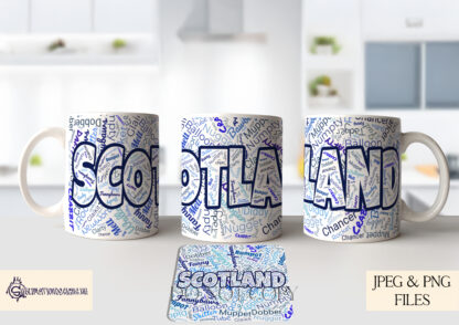 Scottish Insult Word Art Design Set with mug wraps and coasters featuring Scottish slang like "Walloper," "Jobbie," and "Bawbag."