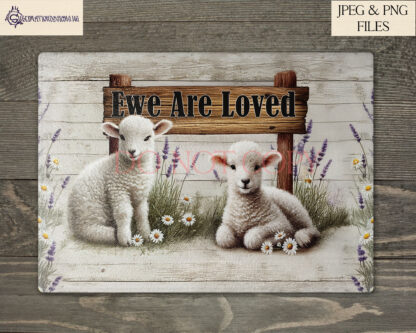 Vintage farmyard lambs design set featuring two lambs in rustic-themed illustrations with farmhouse-inspired phrases, perfect for chopping boards, cushions, and kitchen décor.