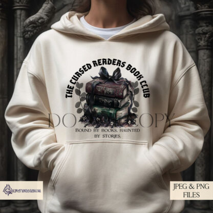 Gothic Bookaholic Design Set featuring a stack of gothic books wrapped in eerie ribbons and leaves, perfect for sublimation on bookmarks, tote bags, and mugs.