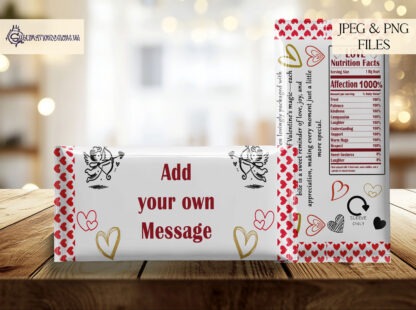 Valentine’s Day Chocolate Bar Wrapper Design Set featuring 6 designs in 2 colour options with textless, “Happy Valentine’s Day,” and “Will You Be My Valentine?” wording.