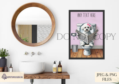 Toilet Humour Dogs – Bichon Frise Edition featuring a Bichon Frise sitting on a toilet with newspaper, with white, blue, and pink textured backgrounds.