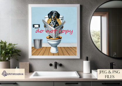 Toilet Humour Dogs – Dapple Dachshund Edition featuring a Dachshund sitting on a toilet with newspaper, with white, blue, and pink textured backgrounds.