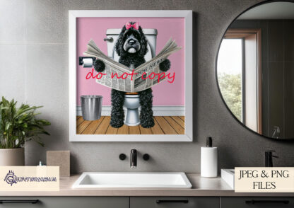 Toilet Humour Dogs – Black Cockerpoo Edition featuring a Cockerpoo sitting on a toilet with newspaper, with white, blue, and pink textured backgrounds.